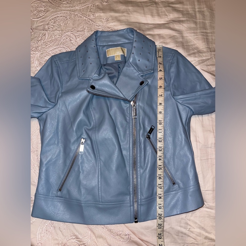 Michael Kors Light Blue Faux Leather Moto Jacket Zip Front Biker Style Size S - Picture 7 of 9